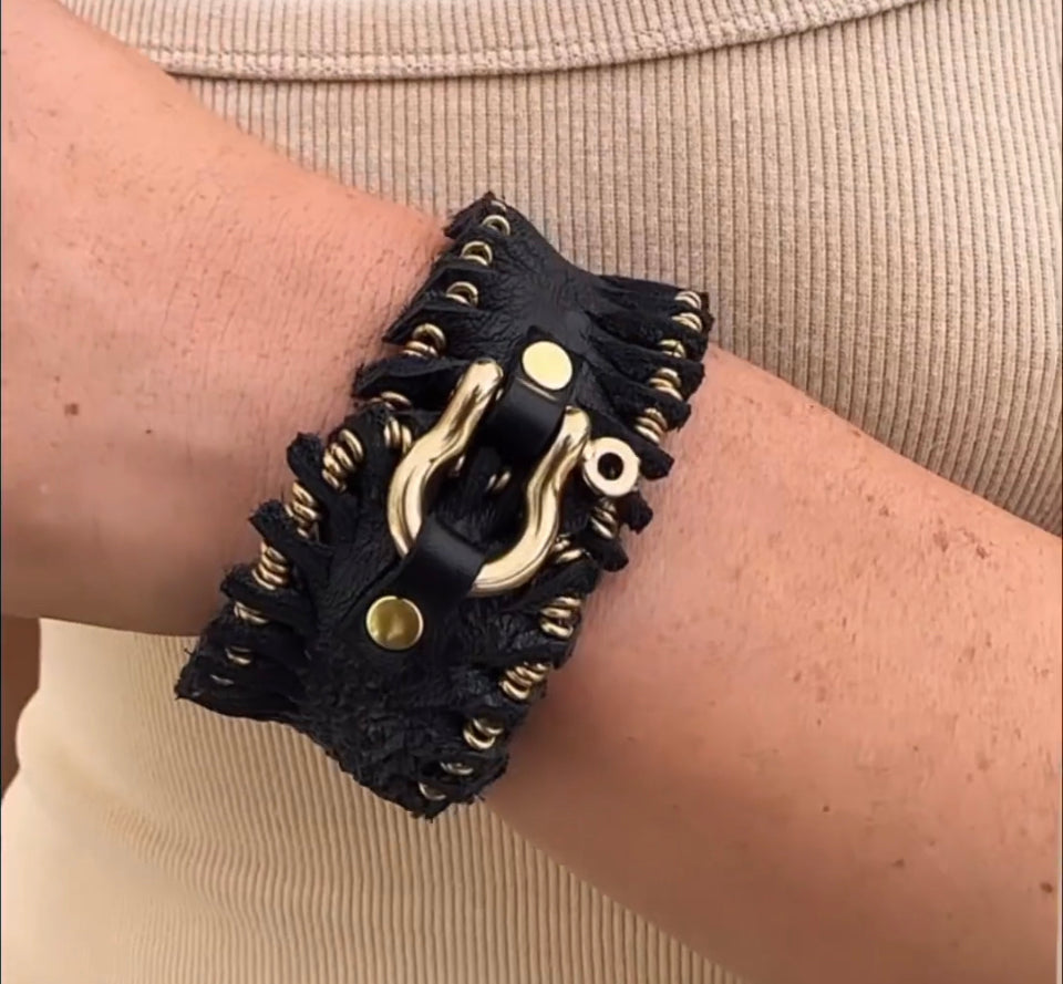 Cognac Gold Buckle Leather Beaded Bracelet