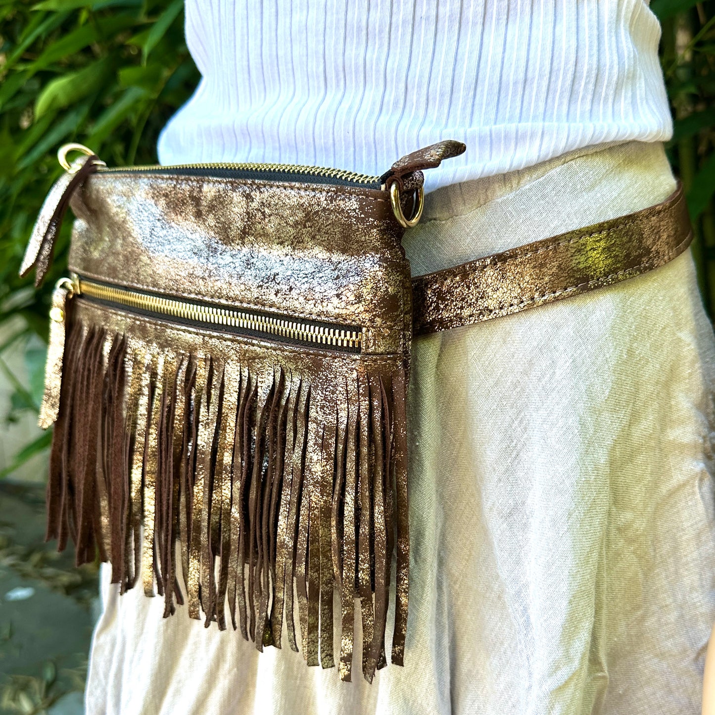 Small Brown and Gold Metallic Leather Fanny Pack