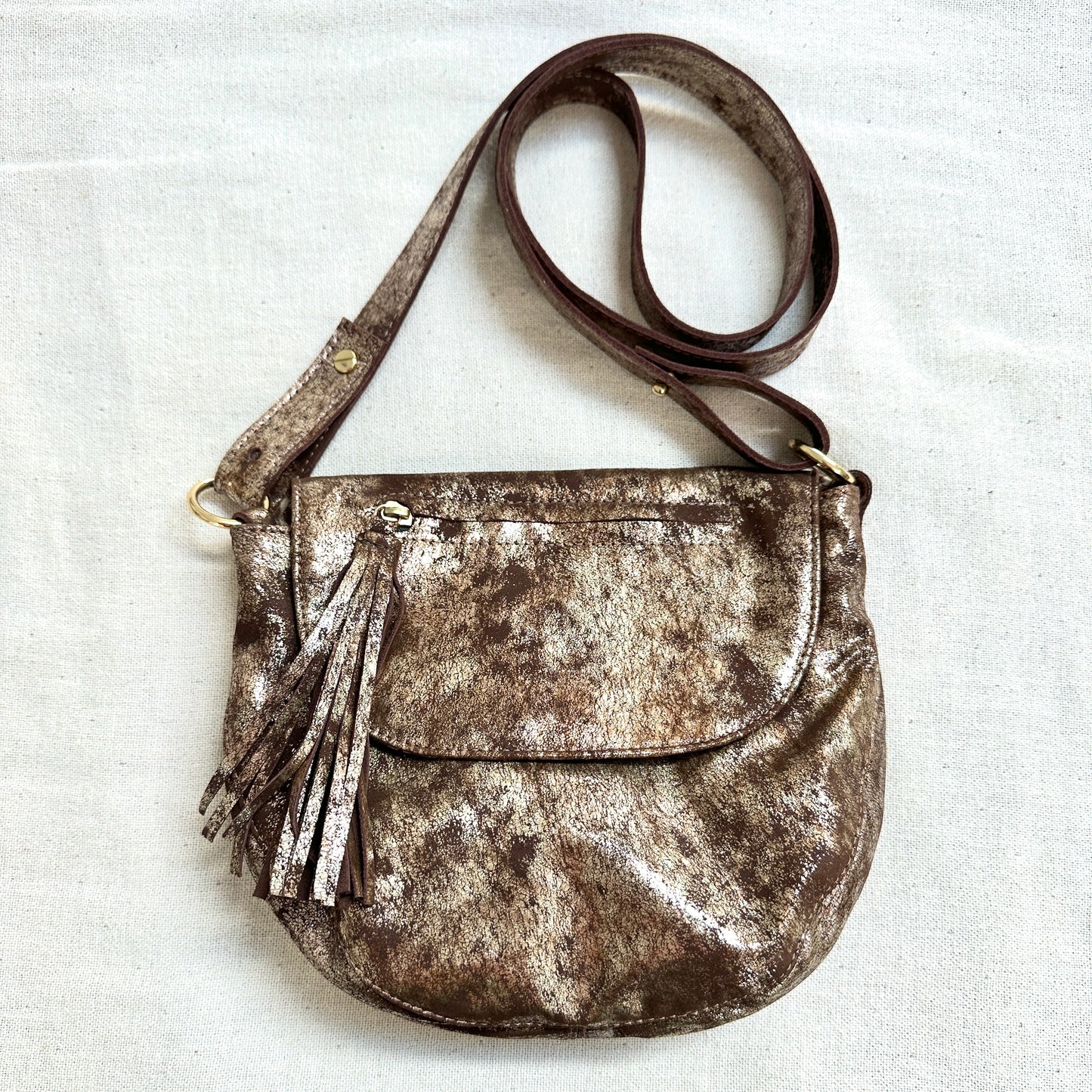 Small Brown and Gold Metallic Leather Crossbody Bag