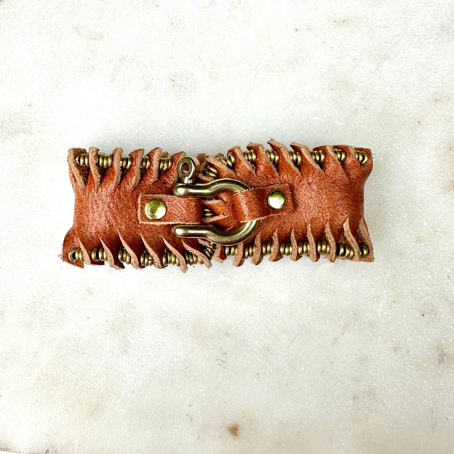 Cognac Gold Buckle Leather Beaded Bracelet