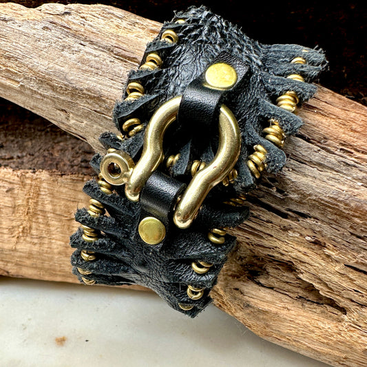Black Distressed Leather Beaded Bracelet
