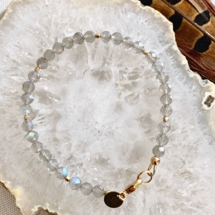 radiant blue gray labradorite and gold bracelet