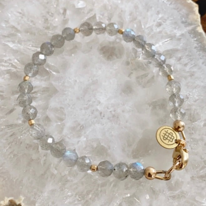 radiant blue gray labradorite and gold womens bracelet