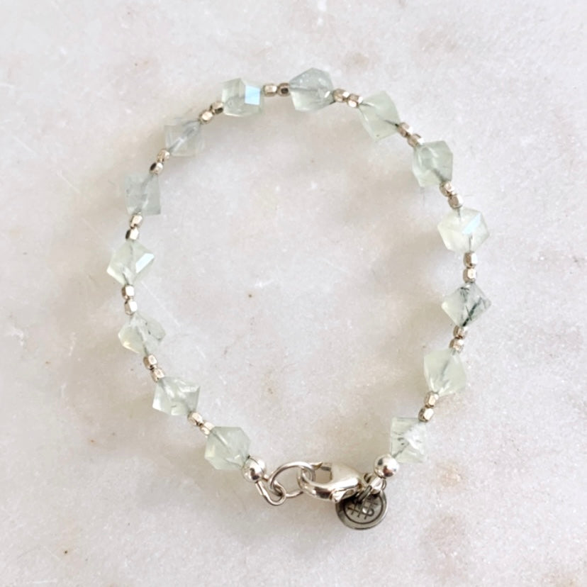Light pale green prehnite gemstone and sterling silver bracelet
