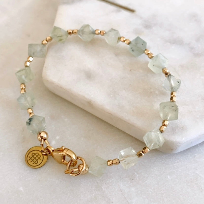Light pale green prehnite gemstone and gold bracelet
