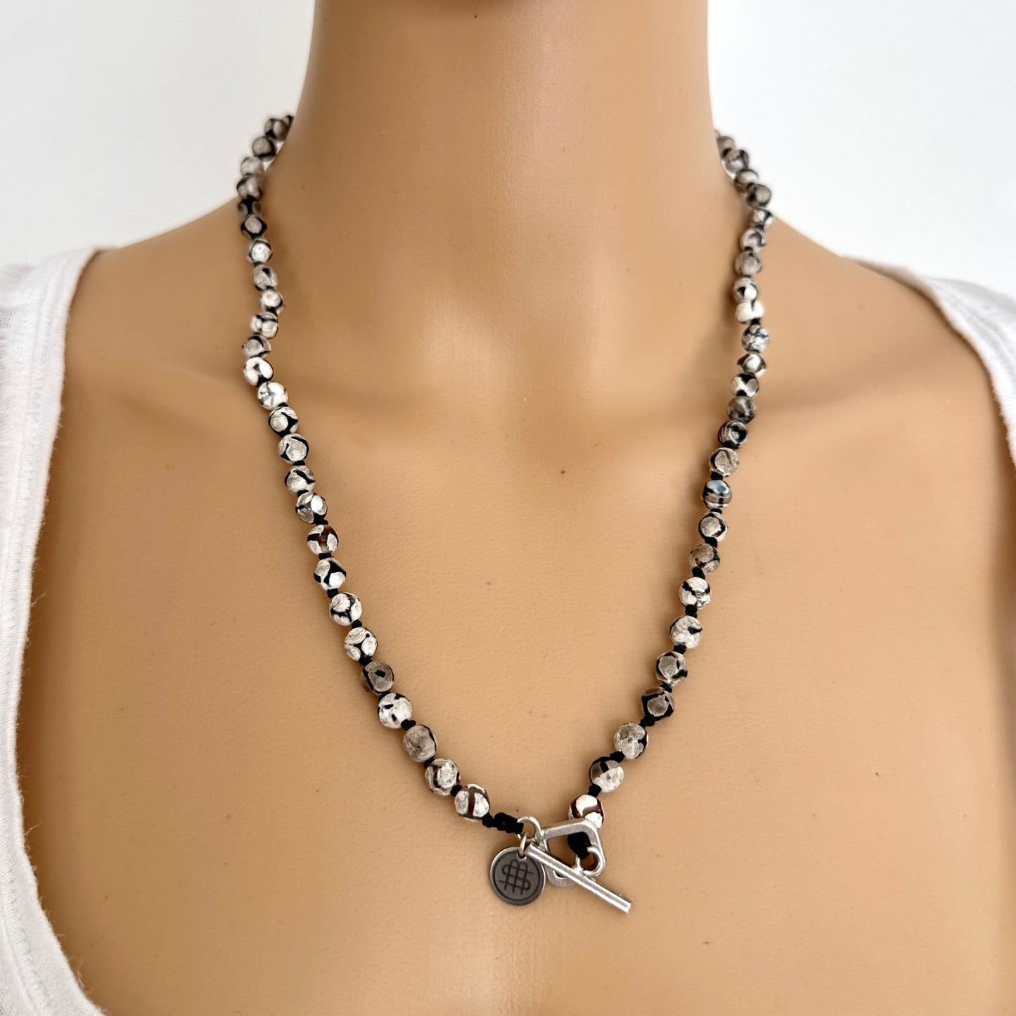 Black and white gemstone and sterling silver womens necklace