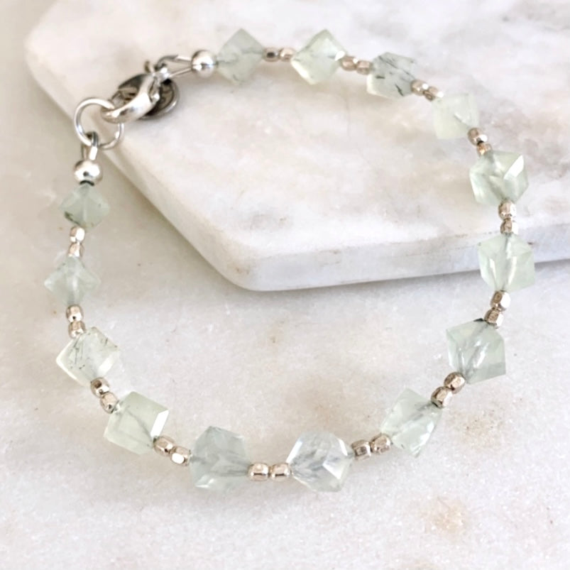Light pale green prehnite gemstone and sterling silver bracelet