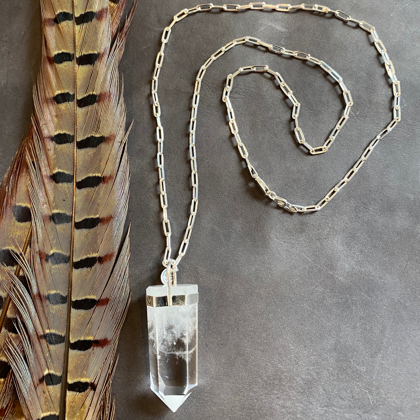 Clear quartz sterling silver chain pendant necklace. 24" necklace.