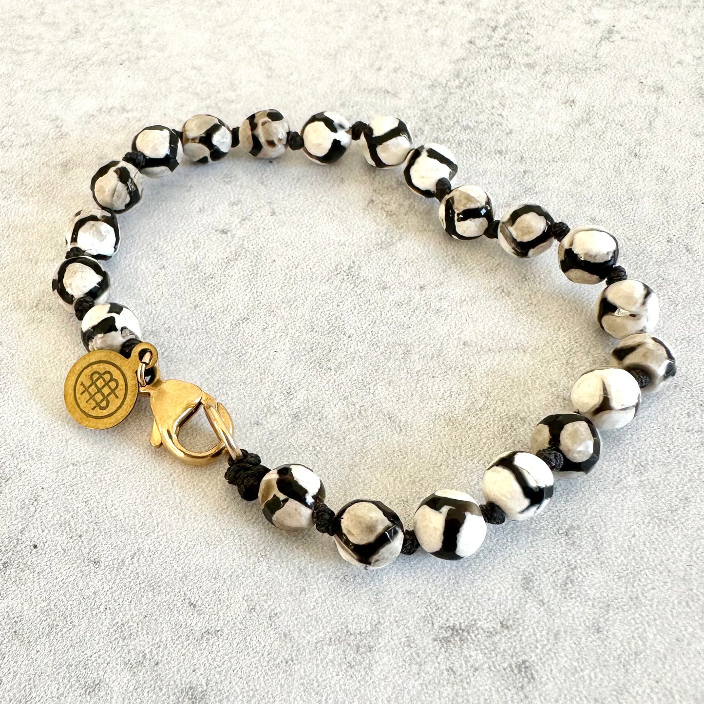 Black and White agate gemstone and gold womens bracelet