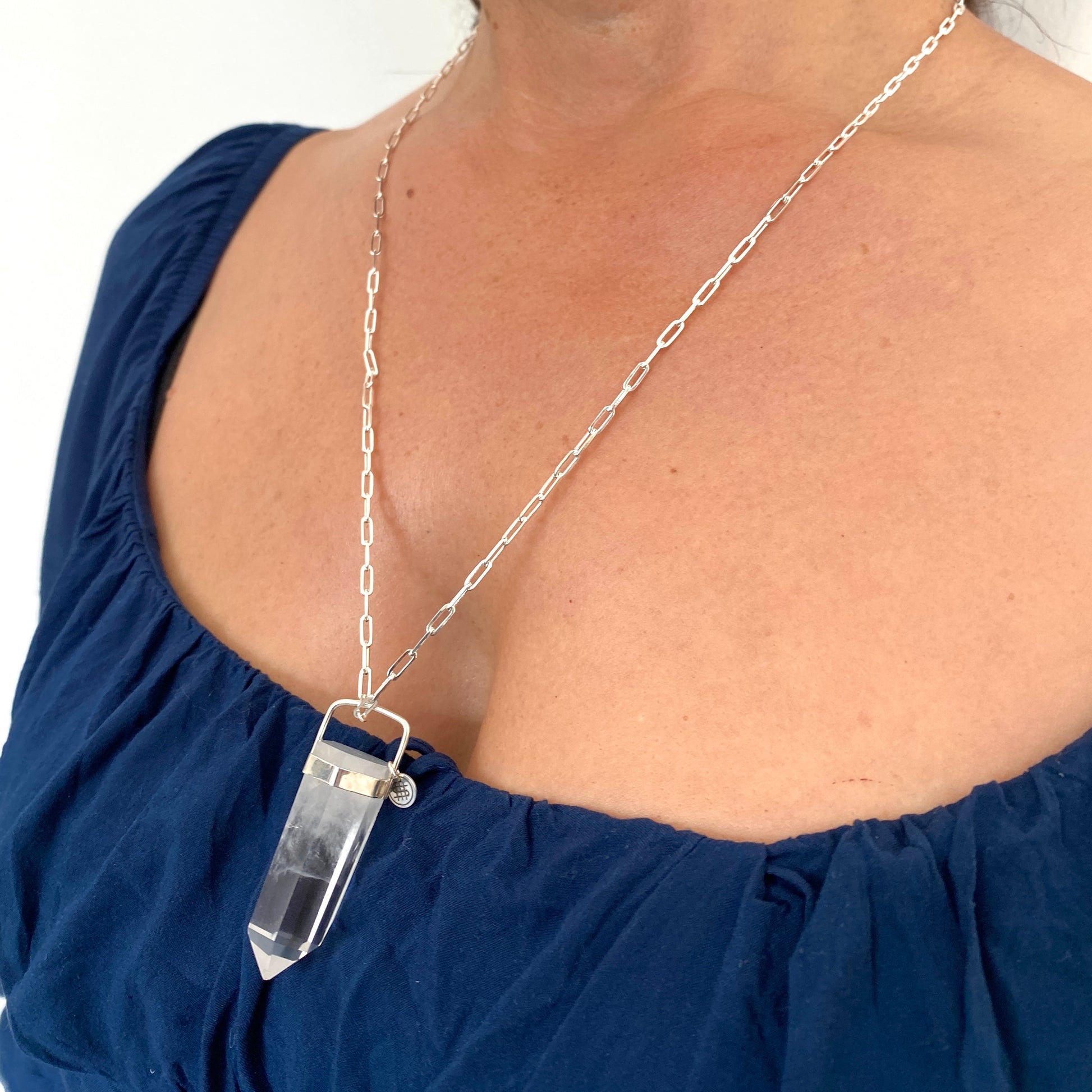 Clear quartz sterling silver chain pendant necklace. 24" necklace.